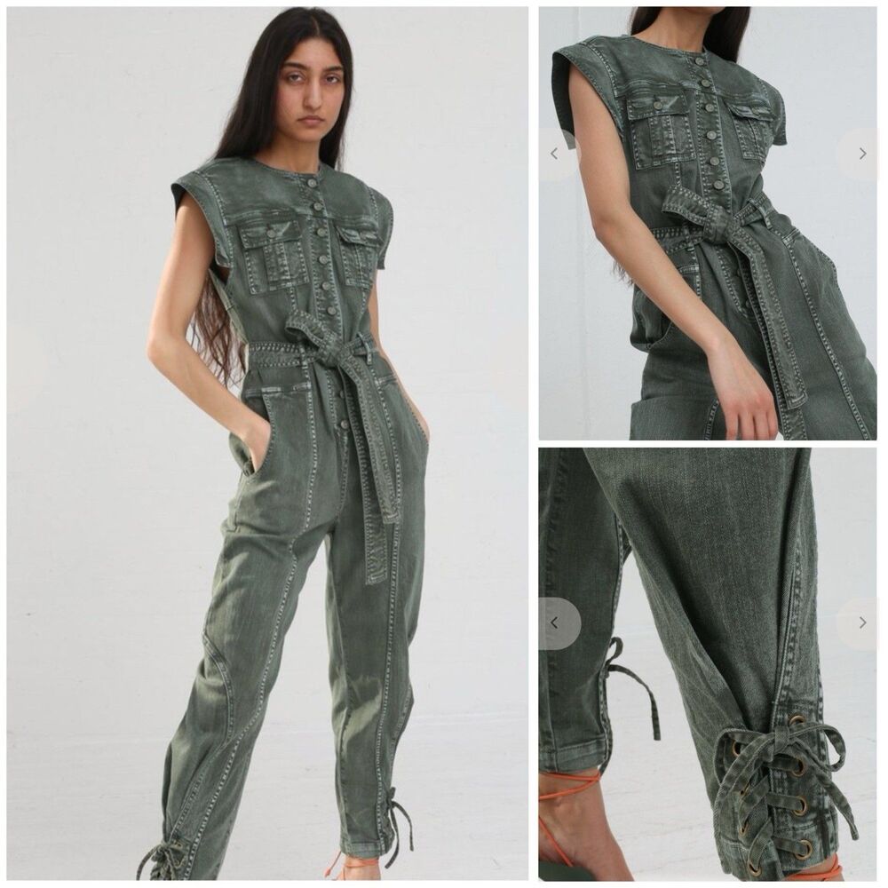 Ulla Johnson Adair Denim Jumpsuit 2 Army Green Sleeveless Belted Utility Romper